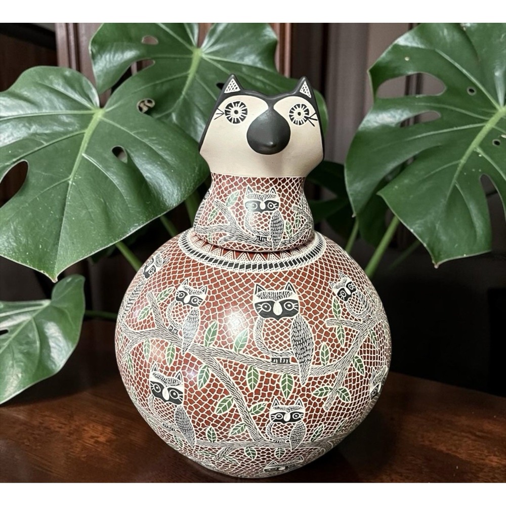Mata Ortiz Pottery Oscar Ramirez Owl Owls Olla Vase‎ Lid Etched Fine Art Mexican